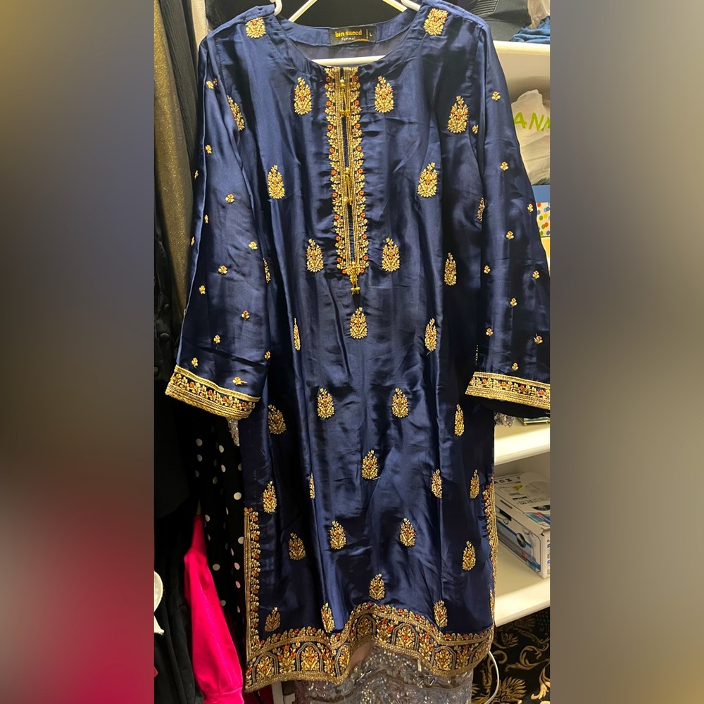 Elegant Blue and Gold Embroidered Dress